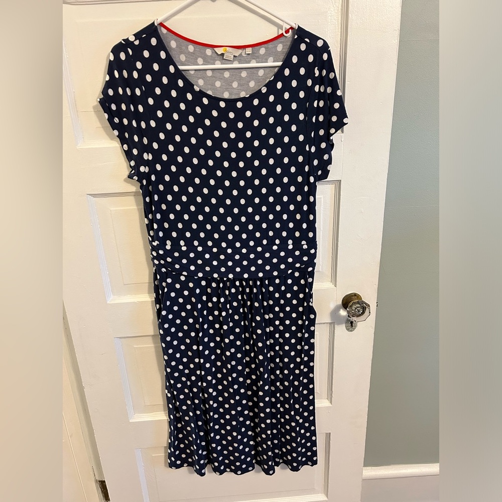 Boden Amelie Blue Dress with White Polka Dots, size 10